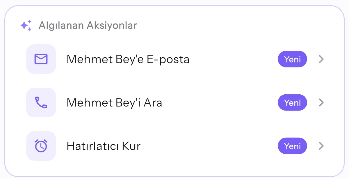 Algılanan aksiyonlar: e-posta gönder, ara, hatırlatıcı kur